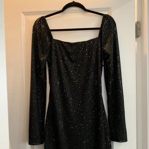 Joyfunear Rhinestone Chain Crisscross Backless Square Neck Sequin Bodycon Dress